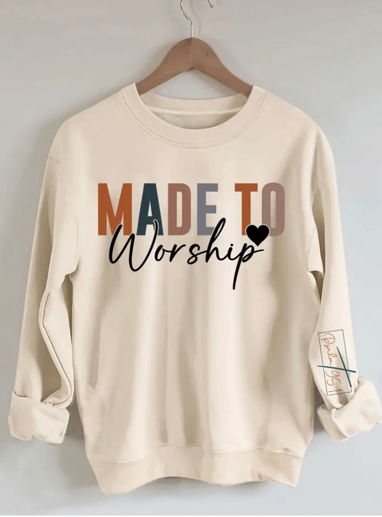 The Made To Worship, Psalm 95:1 Letter Print Sweatshirt, Crew Neck Casual Sweatshirt