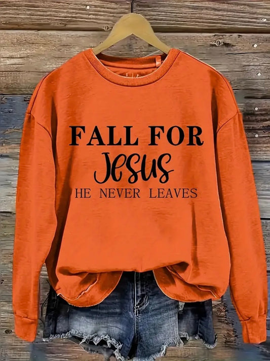 The Fall For Jesus Letter Print Sweatshirt, Casual Long Sleeve Crew Neck Sweatshirt